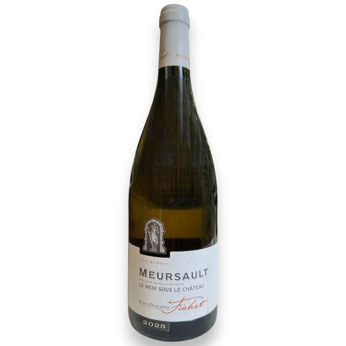A bottle of JEAN-PHILIPPE FICHET ‘LE MEIX SOUS CHÂTEAU’ MEURSAULT 2023 from WINE: ADVINTAGE, a Burgundy white wine with a white top and clean white label featuring stylish black and red text.