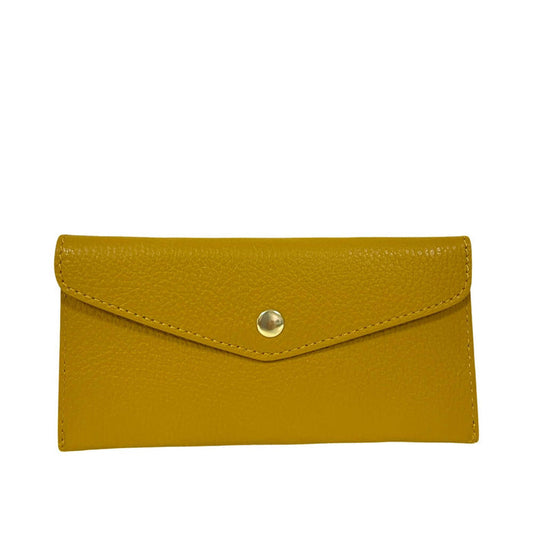The LE BORSETTE LEATHER ENVELOPE STYLE WALLET in textured yellow leather features a front flap with a gold snap button, shown on a white background—an elegant accessory for any occasion.
