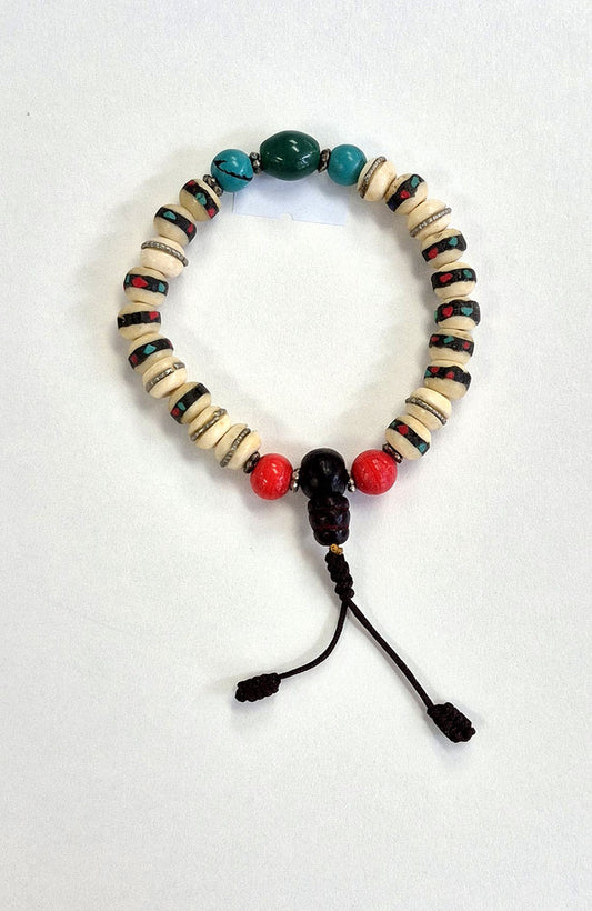 Mala Bracelet - Tibetan Yak Bone White Inlaid with Turquoise & Black Guru Bead
