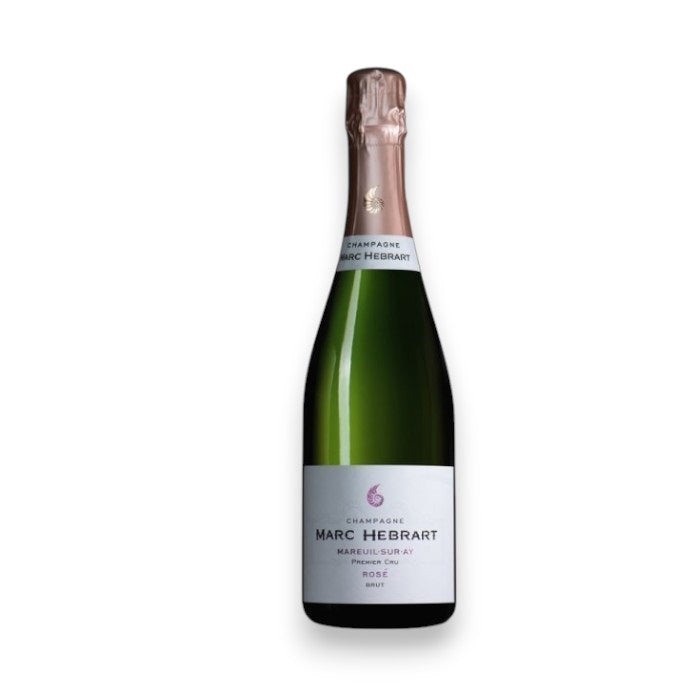 A bottle of MARC HEBRART BRUT ROSÉ CHAMPAGNE from WINE: BORDEAUX FINE & RARE/A-VIN-GARDE, made with Pinot Noir, in dark green glass with light pink neck foil and a white label showing brand and product info.