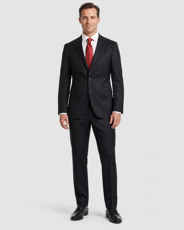Mens Solid Black Slim Fit VBC Wool Prehemmed 2-Button Suit - The Suit Depot