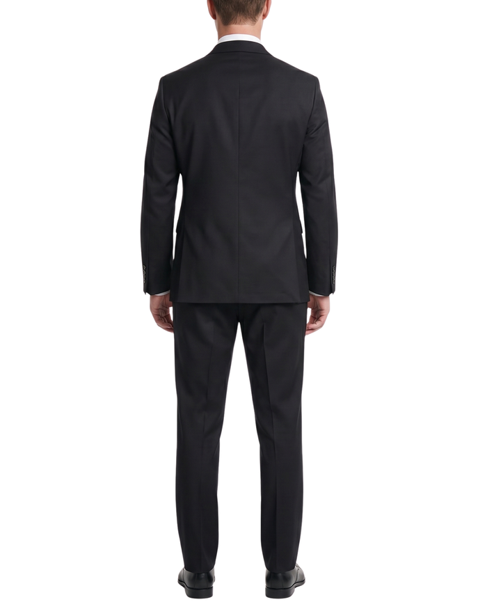 Mens Solid Black Slim Fit VBC Wool Prehemmed 2-Button Suit - The Suit Depot