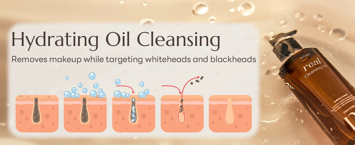 A bottle of MOLVANY - REAL CLEANSING OIL by HONG CHEON USA, INC sits on a wet surface. The text reads, "Hydrating Oil Cleansing: Removes makeup while targeting whiteheads and blackheads." An illustration shows oil dissolving dirt from skin pores for effective blackhead removal.