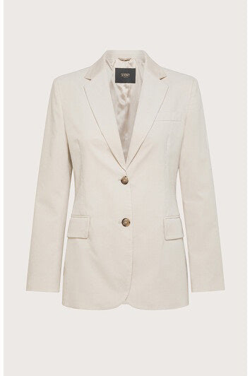 Presenting the SEVENTY - LIGHTWEIGHT VELVET BLAZER by SEVENTY: a cream-colored women's blazer with a tailored fit, meticulously crafted in Italy. This refined piece boasts a notched lapel, two front flap pockets, a chest pocket, and two brown buttons for closure. Its lightweight velvet lining adds smoothness and a hint of shine inside.