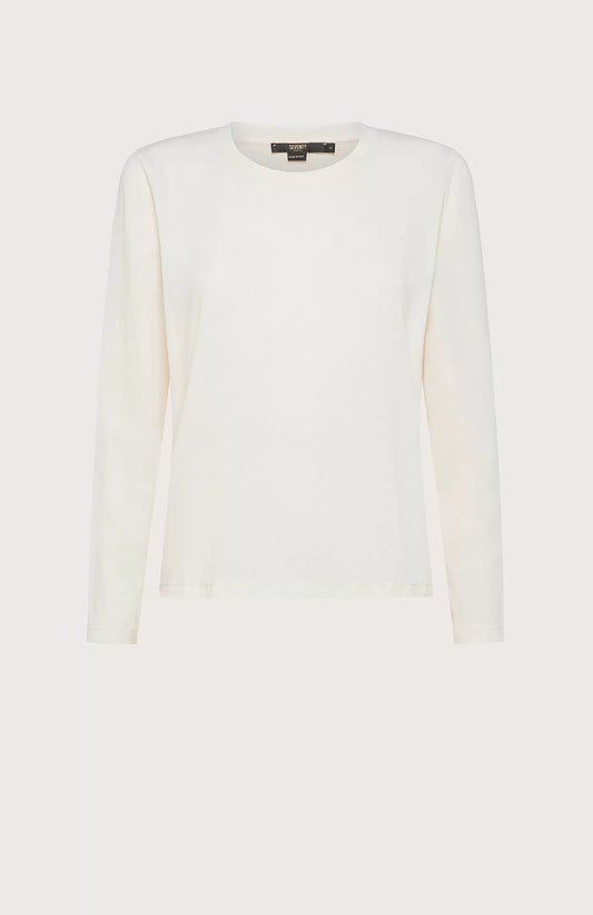 A plain, long-sleeve, white crew-neck T-shirt from SEVENTY displayed against a light background. The fabric appears smooth and the shirt has a relaxed fit. A black garment tag at the collar indicates that it's made in Italy.