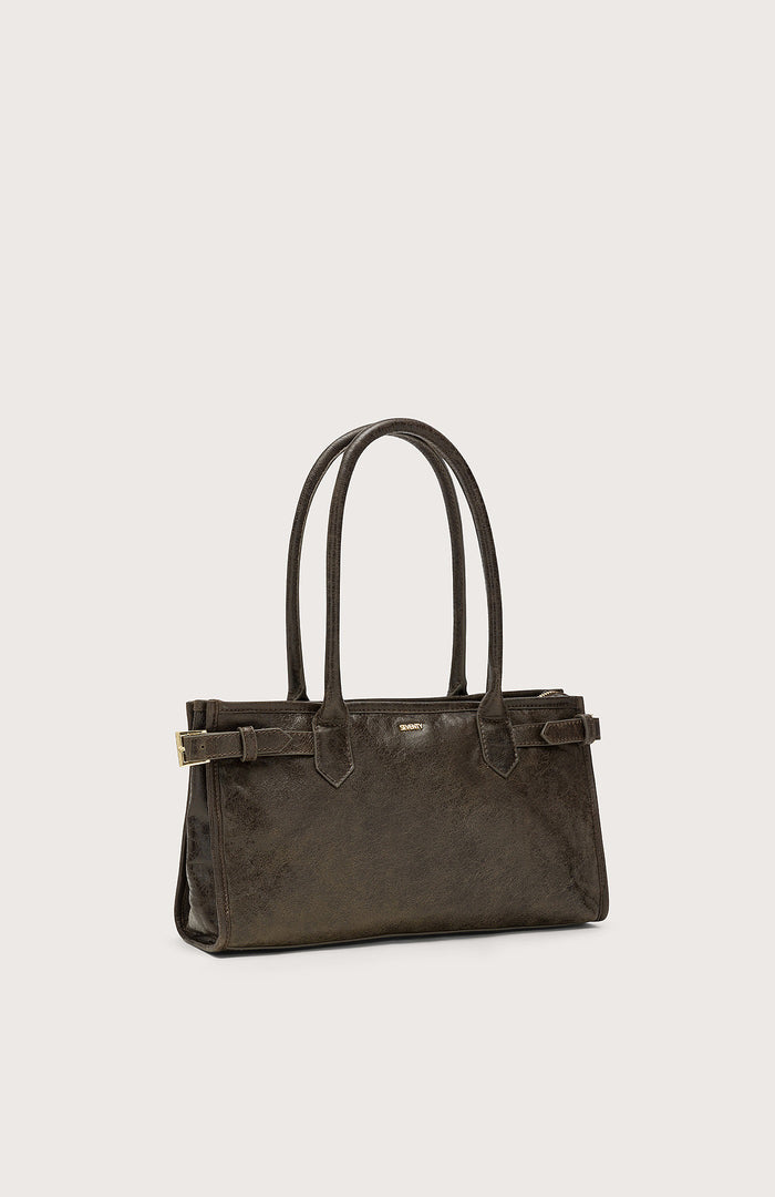 The SEVENTY VENEZIA Leather Handbag by SEVENTY is dark brown Italian leather, rectangular, with double handles, small side buckles, and a subtle front metallic logo, shown on a plain light background.