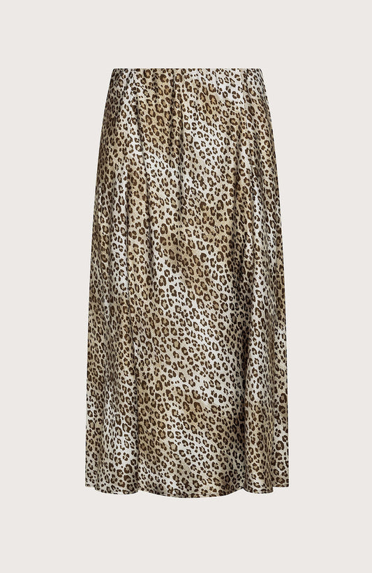 The SEVENTY VENEZIA - LEOPARD PRINT SKIRT by SEVENTY is a knee-length, A-line skirt with brown and black leopard spots on a light base, made in Italy and shown against a light beige background.