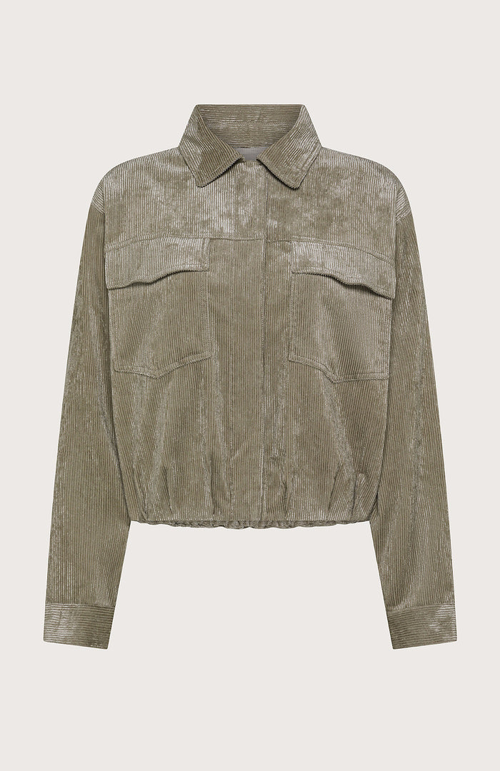 The SEVENTY VENEZIA Micro Cord Jacket by SEVENTY is a light olive green cropped jacket in soft Italian corduroy, featuring a collar, long button-cuffed sleeves, chest pockets, loose fit, and gathered hem for modern style.