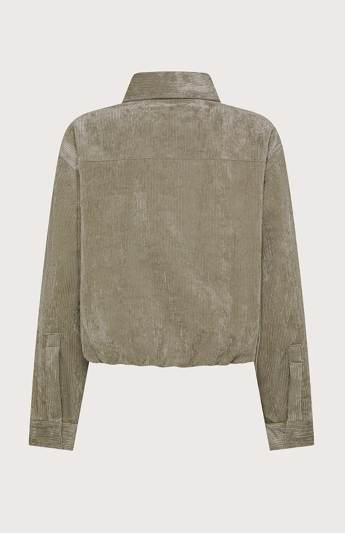 The SEVENTY VENEZIA Micro Cord Jacket by SEVENTY is a light olive green cropped jacket in soft Italian corduroy, featuring a collar, long button-cuffed sleeves, chest pockets, loose fit, and gathered hem for modern style.