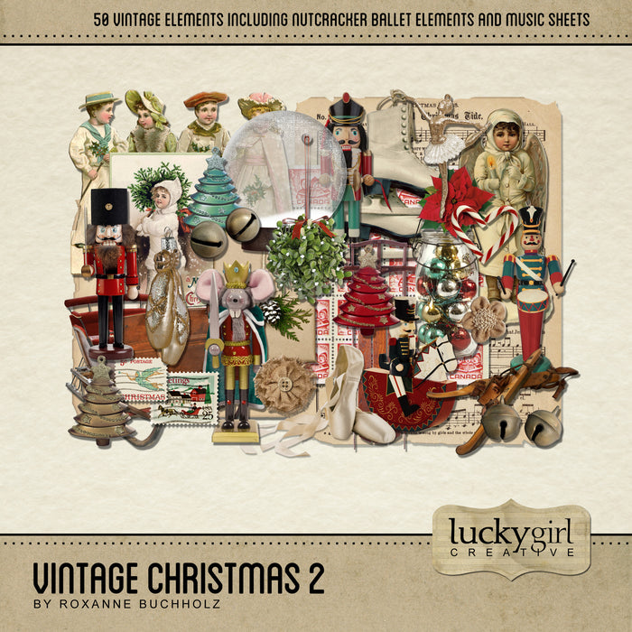 Filled with charming old-fashioned digital art Victorian die-cuts, ice skates, hanging mistletoe, a sleigh and sled, vintage advertisements and postcards, holiday bells and ornaments, sprigs of holly, craft-wrapped presents, postage stamps, and a snow globe ready for you to fill, this Vintage Christmas 2 Digital Scrapbook Kit also features everything you’ll need for documenting the holiday season’s performance of The Nutcracker ballet.