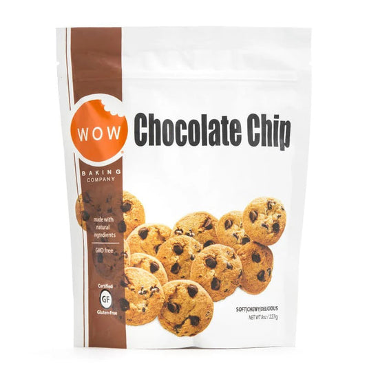 A white resealable pouch labeled "WOW BAKING - GLUTEN FREE CHOCOLATE CHIP COOKIE POUCH" by WOW BAKING COMPANY shows bite-size cookies. Certified gluten free, made with natural ingredients. Net wt 8 oz (227g); perfect for after-school snacking.