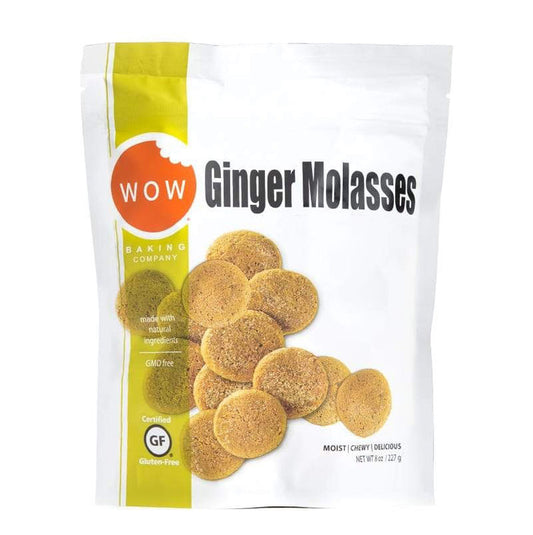 A white pouch of WOW BAKING COMPANY Gluten Free Ginger Molasses Cookies, featuring cookie images, gluten-free and GMO-free labels, and text promoting natural ingredients.