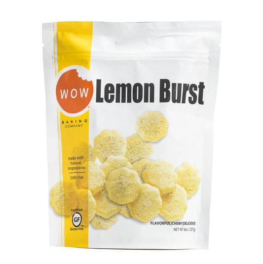 A resealable WOW BAKING COMPANY GLUTEN FREE LEMON BURST COOKIE POUCH with yellow and white packaging featuring cookies, marked gluten-free, GMO-free, and made with natural ingredients.