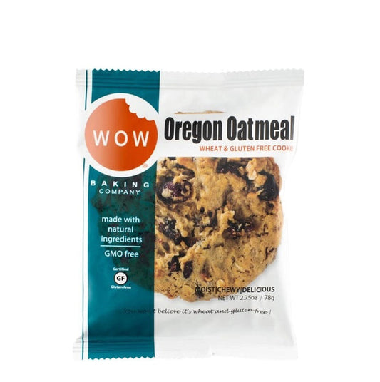 The WOW BAKING - GLUTEN FREE OREGON OATMEAL COOKIE from WOW BAKING COMPANY is wheat and gluten free, made with natural ingredients, non-GMO, certified gluten free, and features a large oatmeal cookie on the package.