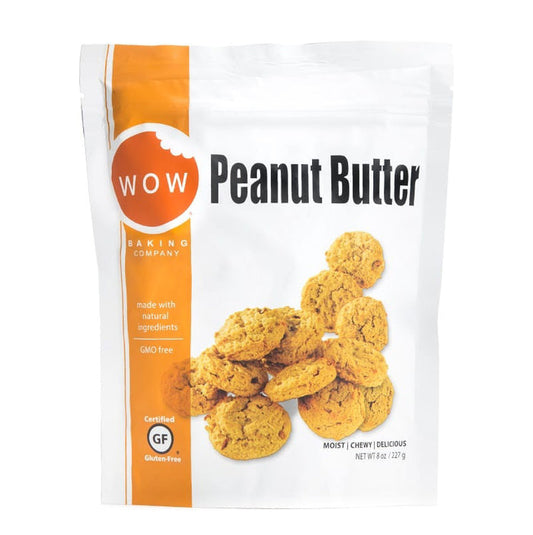 A white and orange resealable pouch labeled "WOW BAKING - GLUTEN FREE PEANUT BUTTER COOKIE POUCH" by WOW BAKING COMPANY features peanut butter cookies, and highlights gluten free, all natural, GMO-free ingredients on the packaging.